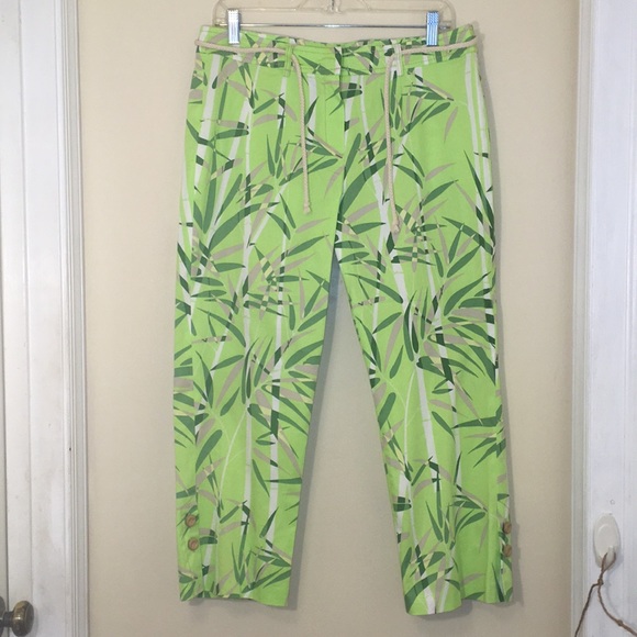 LNWOT-Apriori Green Tropical Clamdiggers/Capri Pants w/Tie Belt Size 10 - Picture 1 of 8